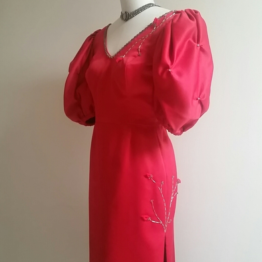 Oxblood Red Puff Sleeve Straight Fitted Gown 6
